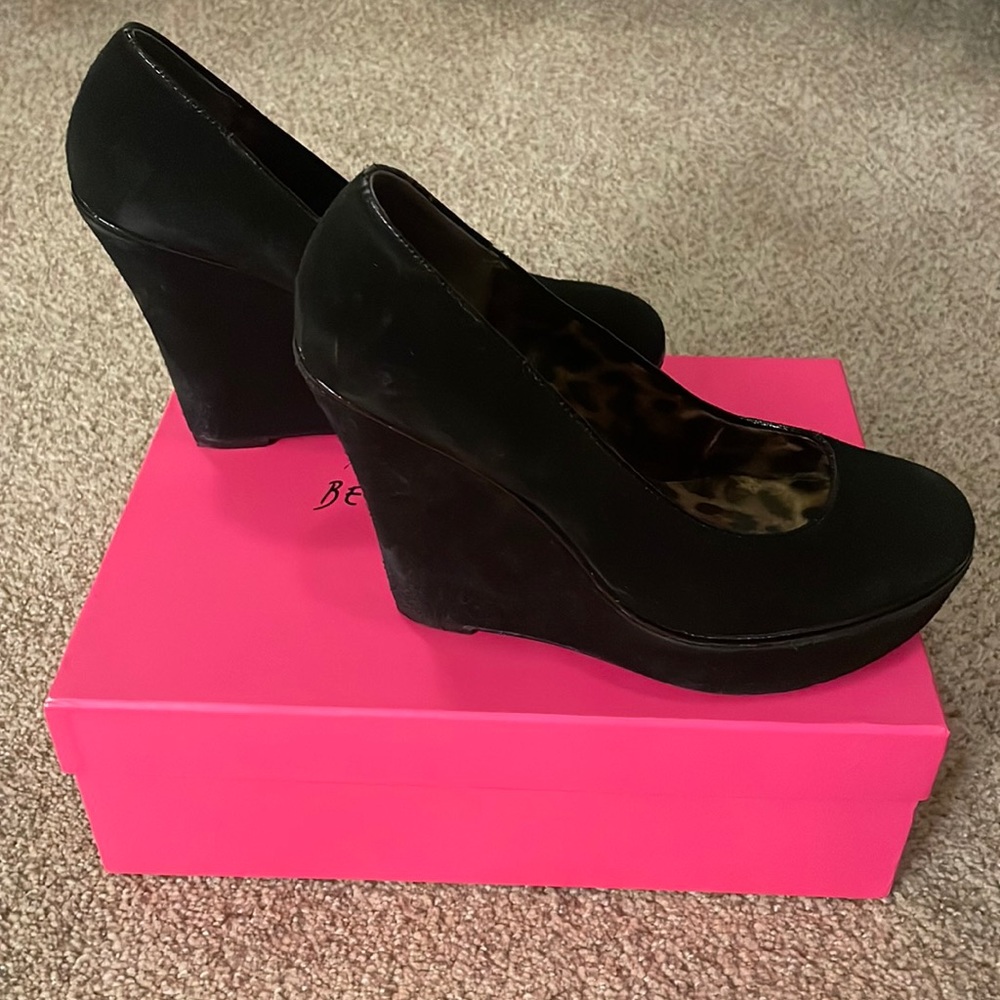 Betsy Johnson black sued wedge heels, size 8
